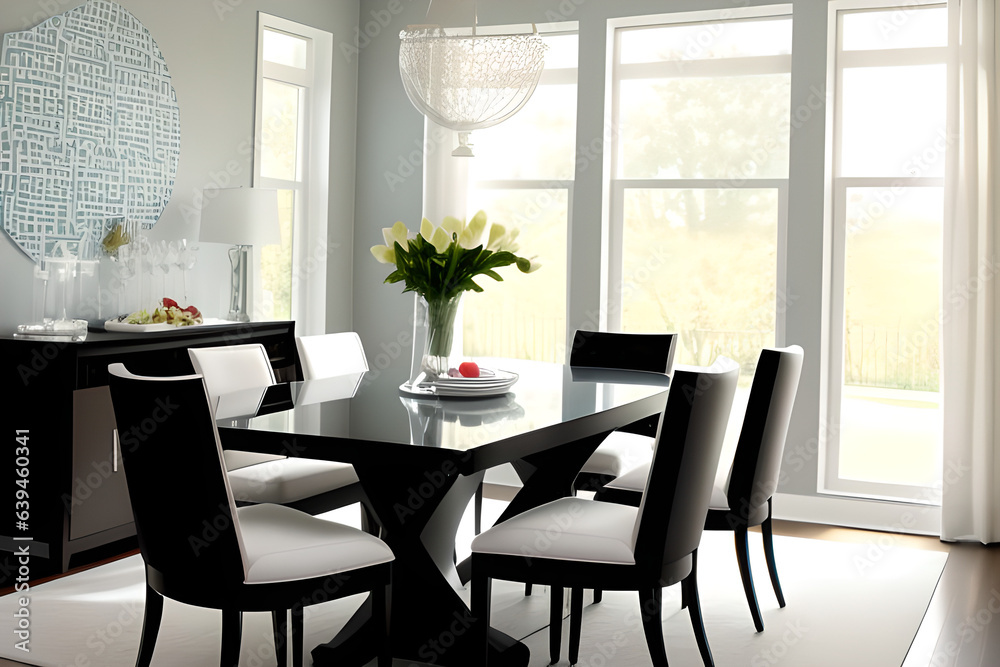 Preppy style dining room with big window, vases and cabinet