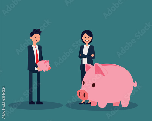 Successful business person standing with big piggy bank, Confused partner holds small piggy bank