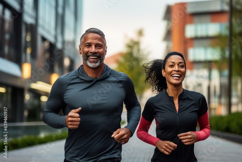 A middle-aged Brasilian couple during an evening jog through the streets of their neighborhood. Sports as the best remedy for aging. Loving middle aged couple during outdoor jogging workout.