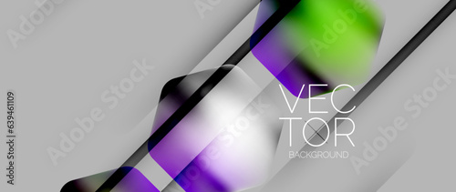 Dynamic bright colorful geometric elements with fluid gradients, lights, shadows blend in a minimal backdrop, creating captivating composition