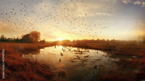 A flock of birds flying over the river at sunset. Beautiful natural background.