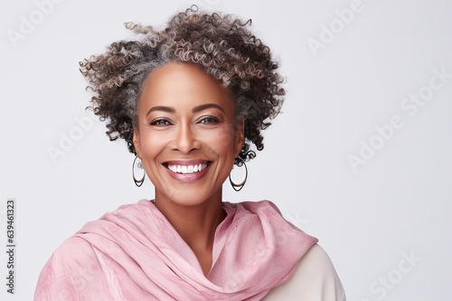 Close-up portrait of a happy plus size beautiful African American woman in her 50s. Middle-aged woman with a short gray hairdo looking at camera. photo