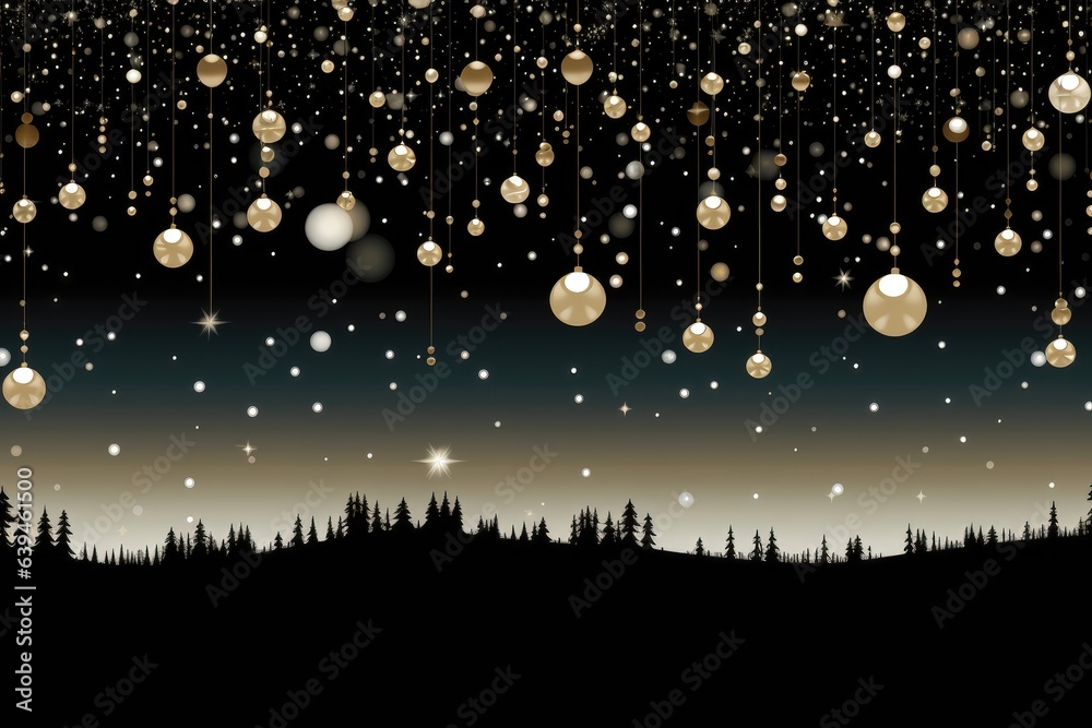 An illustrated Christmas background image showcasing an array of baubles hanging over a forest, capturing a playful and festive holiday atmosphere. Photorealistic illustration, Generative AI