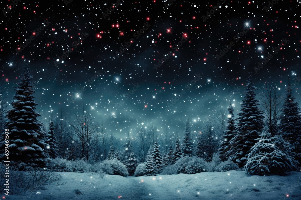 A Christmas night sky background image featuring stars illuminating the sky above a snow-covered forest. Photorealistic illustration, Generative AI