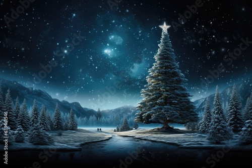 A Christmas wallpaper featuring a colossal Christmas tree crowned with a star on top, set against a starry night sky. Photorealistic illustration, Generative AI © DIMENSIONS