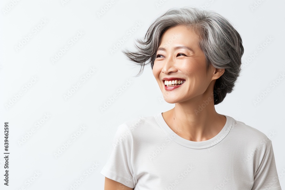 Close-up portrait of a stylish beautiful Asian woman in her 50s. Skin care concept. Luxurious middle-aged woman with a short gray hair looking at copy space. Close-up portrait of a stylish beautiful Asian woman in her 50s. Skin care concept. Luxurious middle-aged woman with a short gray hair looking at copy space.