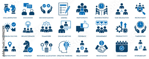Meeting icon set. Included icons as meeting room, team, teamwork, presentation, idea, brainstorm and more.