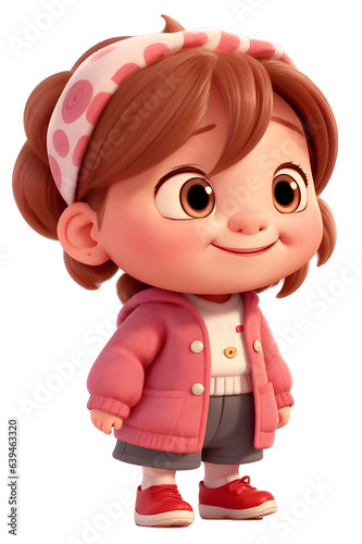 3D cartoon-style teenage girl wearing pinky clothes, while walking on an empty space on a white background, 3d rendering, Illustration for advertising.
