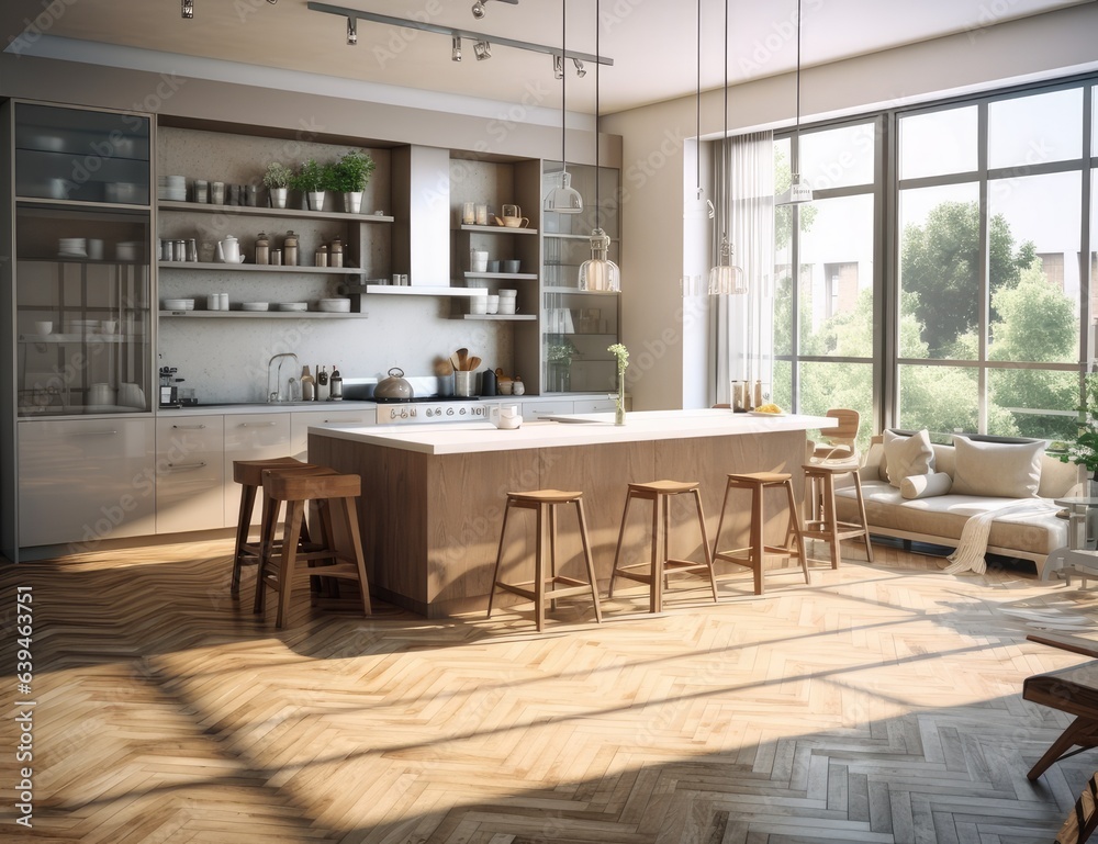 Fototapeta premium Kitchen Interior in New Upscale Residence with Island, Sink, Cabinetry, and Hardwood Flooring. Showcases Sophisticated Pendant Lighting and a Rustic Farmhouse Sink Adjacent to a Sunlit Window.