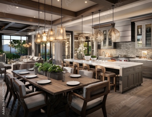 Kitchen Interior in New Upscale Residence with Island, Sink, Cabinetry, and Hardwood Flooring. Showcases Sophisticated Pendant Lighting and a Rustic Farmhouse Sink Adjacent to a Sunlit Window.