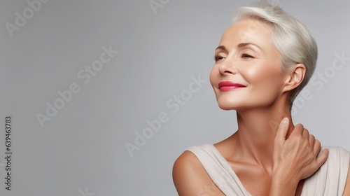 A beautiful middle-aged woman touches the soft smooth skin on her neck.