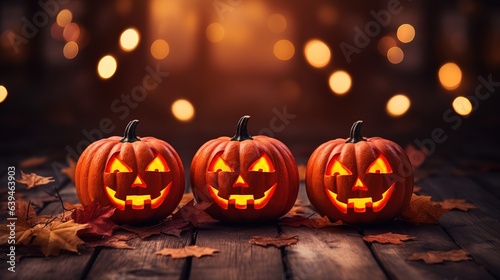 Background with halloween pumpkins, candles and autumn leaves on the wooden house porch © DZMITRY