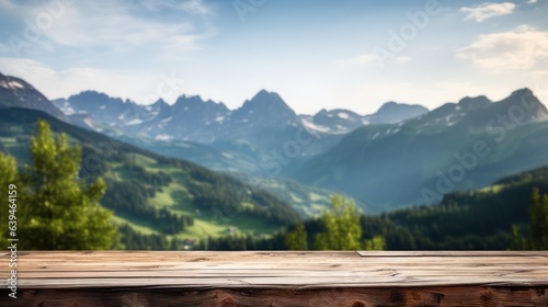Wood table top on blur hill mountain a sunrise nature background, landscape with desk plank can be used for display your products.