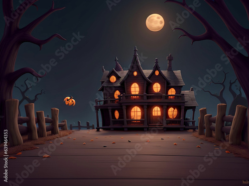 Cemetery on halloween night with evil pumpkins bats and in the background a haunted castle and the full moon banner