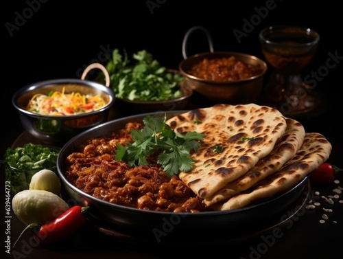 Chole or chana masala with paratha, chickpea spicy curry served with laccha parantha