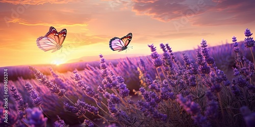 Sunset bloomscape in nature. Summer symphony. Purple meadows and lavender fields with butterfly. Aromatic in full bloom