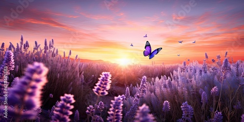 Sunset bloomscape in nature. Summer symphony. Purple meadows and lavender fields with butterfly. Aromatic in full bloom