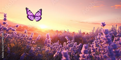 Sunset bloomscape in nature. Summer symphony. Purple meadows and lavender fields with butterfly. Aromatic in full bloom photo