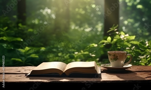 outdoor table coffee and book nature background forest generative ai