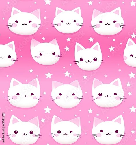 Seamless Pattern Featuring Charming Childlike Drawings of White and Pink Cats. Designed to be used for Printing, Wallpaper, Fabric, and Background Purposes, Adding a Playful and Cute Element.