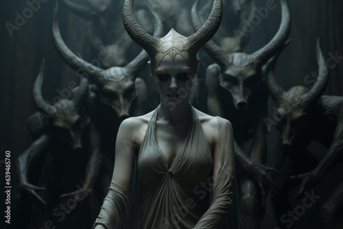 Horror, fantasy, sci-fi, culture and religion, make-up concept. Evil and demonic looking woman with horns and make-up horror and fantasy portrait. Dark moody background. Generative AI