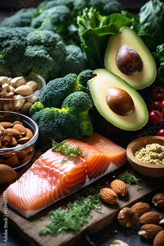 Healthy lifestyle concept. Keto food ingredients for ketogenic diet low carbs products. Salmon, avocado, nuts, seed, kale vegetable. top view