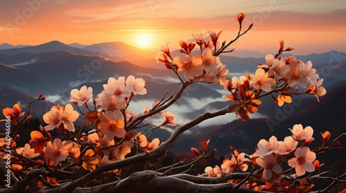 Forsythia, mountain peach, * * mountain cliffs above mountains and valleys in Spring, in the style of samyang photo