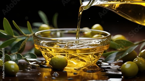 A bottle containing olive oil with olive leaves, in the style of motion blur, ::1 Watermark, word, text, trademark, caption, title, headline,