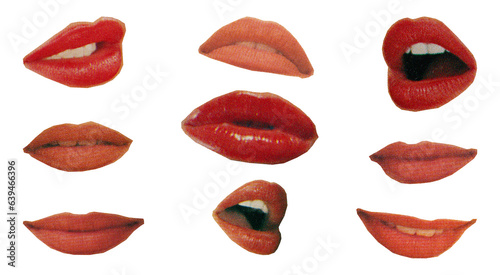 Cutout vintage magazine women's mouths, collection of different designs from vintage 90's magazine, png isolated on transparent background