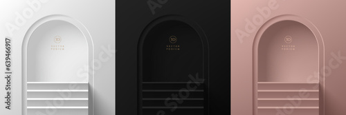 Set of 3D stair stand podium background. Black, silver, pink gold and golden in arch gate. Mockup product display presentation. Minimal wall scene. Stage showcase. Platforms vector geometric design.