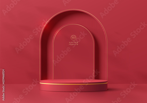 Abstract 3D red pink cylinder pedestal podium background with arch window and leaf shadow wall scene. Minimal mockup product display presentation, Stage showcase. Platforms vector geometric design.