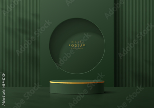 Abstract olive green 3D cylinder pedestal podium background with leaf shadow and round window. Mockup product display presentation. Minimal scene. Stage showcase. Platforms vector geometric design.
