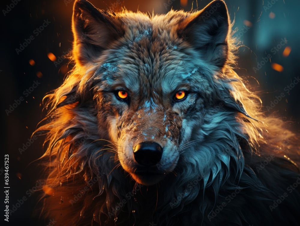 a wolf with a glowing face in the dark with a fire and ice background and a black background a wolf with a glowing face in the dark with a fire and ice background and a black background