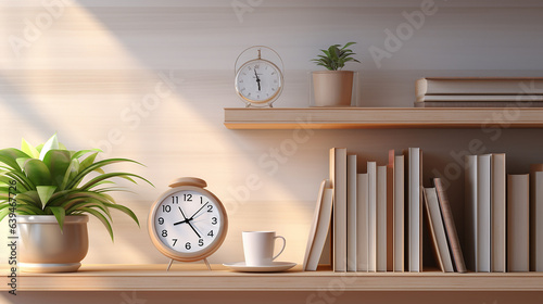 Alarm clock closeup have a good day with a cup of coffee and flower pots background