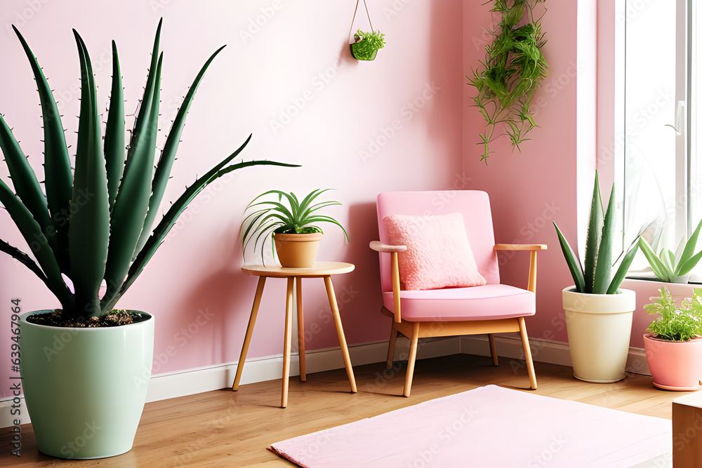 Aloe in pink pot on wooden table in pastel apartment interior with plants and armchair beside sofa with pillows	
