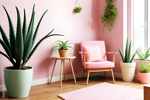 Aloe in pink pot on wooden table in pastel apartment interior with plants and armchair beside sofa with pillows 