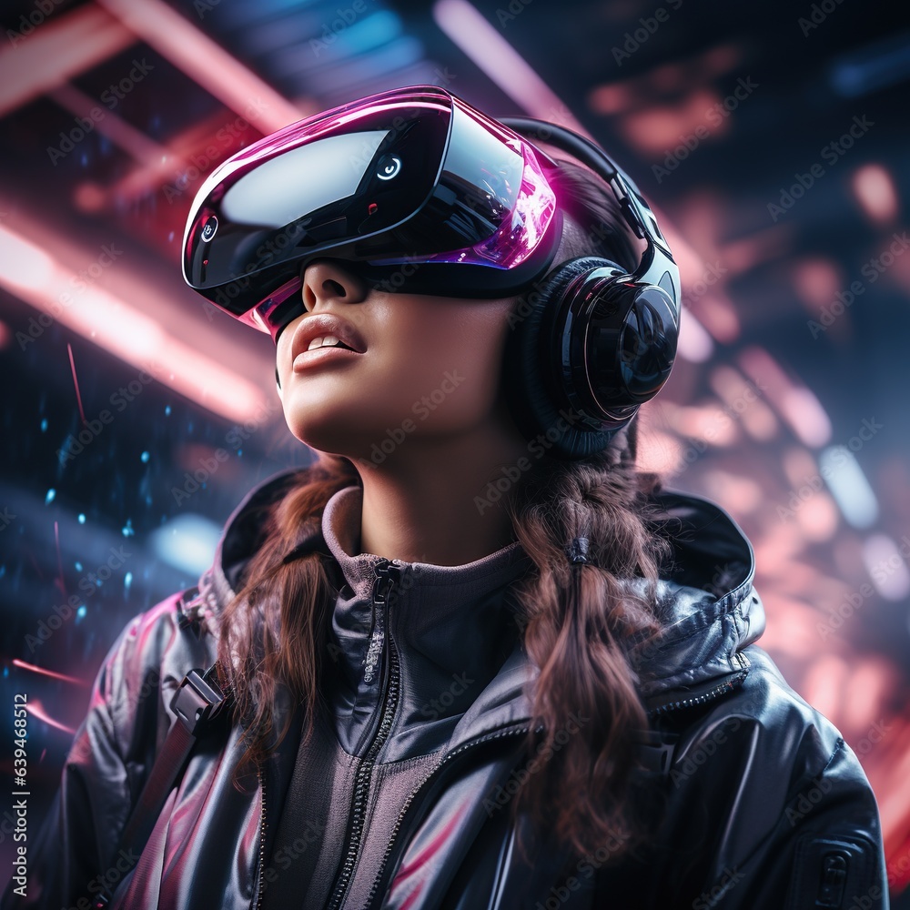 Illustration of a person wearing a virtual reality VR headset, AI Generated. Illustration of a person wearing a virtual reality VR headset, AI Generated.