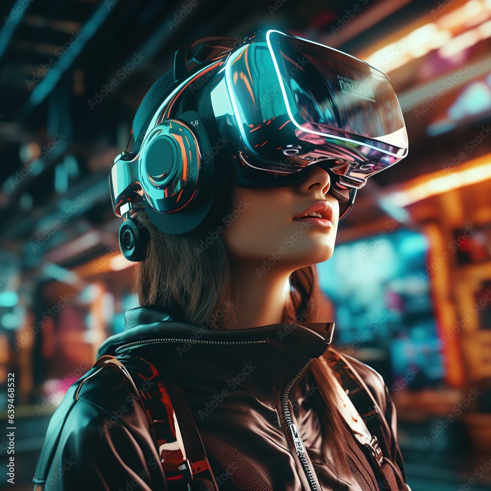 Illustration of a person wearing a virtual reality VR headset, AI Generated. Illustration of a person wearing a virtual reality VR headset, AI Generated.
