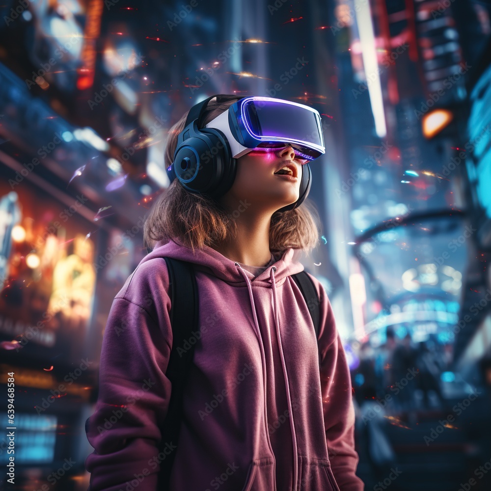 Illustration of a person wearing a virtual reality VR headset, AI Generated. Illustration of a person wearing a virtual reality VR headset, AI Generated.
