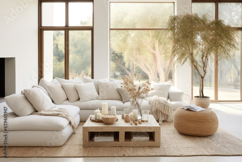 Stylish living room with a white sofa, pillows and a table © JuanM