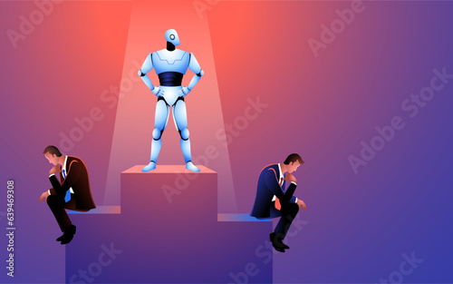 Illustration portraying the looming AI threat, embodied by a robot overtaking human job roles. Depiction of the evolving of automation and its potential impact on employment