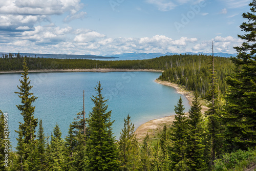 Beautiful view from above of the Yellowstone Lake in summer day
