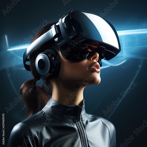 Illustration of a person wearing a virtual reality VR headset, AI-Generated. © kanate