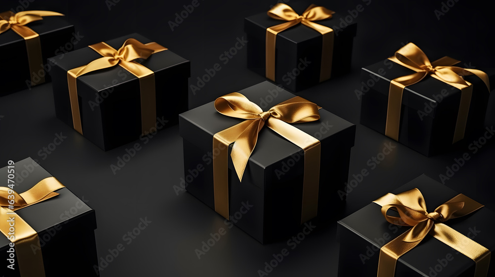 Black Gift Box with Gold Ribbon on Isolated Background Black Gift Box with Gold Ribbon on Isolated Background