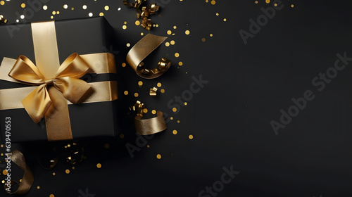 Black Gift Box with Gold Ribbon on Isolated Background