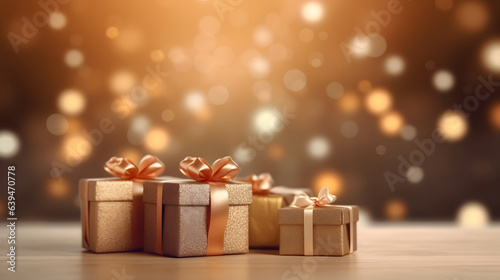 Gold Gift Box with Gold Ribbon on Bokeh Background