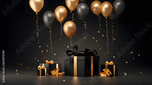 Black Gift Box with Gold Ribbon and black gold balloons on Isolated Background