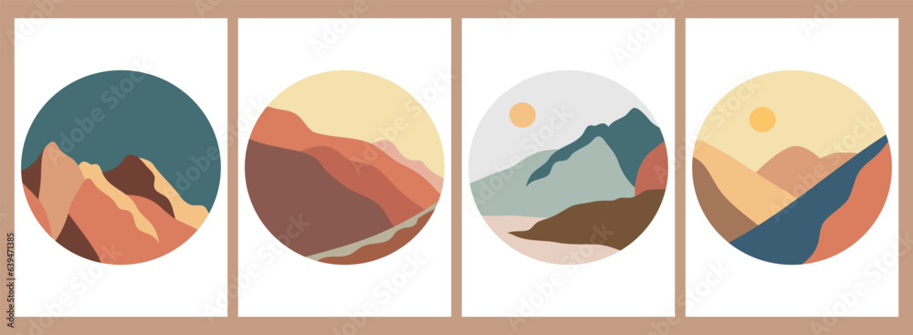 Naklejka premium Set of mountains landscape illustration. Round icon. creative minimalist hand painted illustrations of Mid century modern art with Ocean, hills, wave