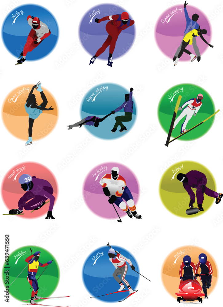 Winter sport silhouette icons. Vector illustration