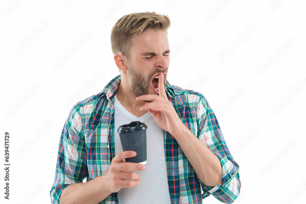 photo of yawning caucasian man with coffee. caucasian man with coffee isolated on white. photo of yawning caucasian man with coffee. caucasian man with coffee isolated on white.